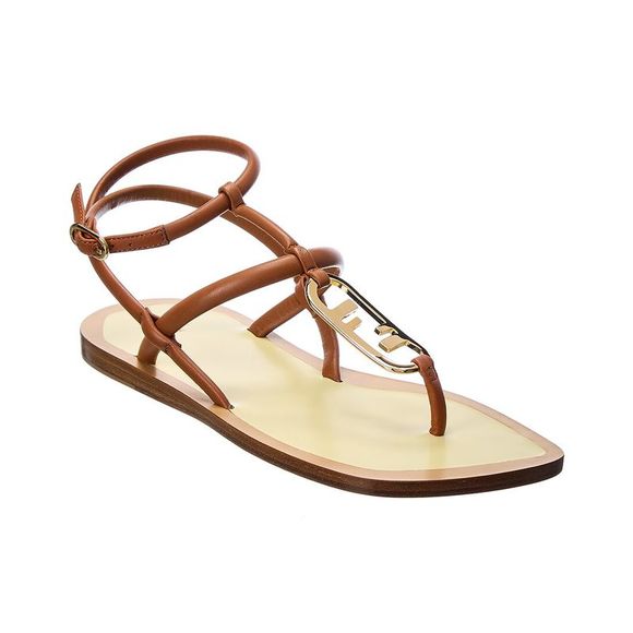 FENDI O'LOCK THONG SANDAL WHITE CALFSKIN WITH GOLD HARDWARE
